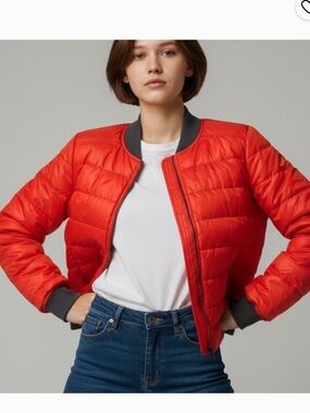 Athleta Women's Red Orange Gray Quilted Down Jacket size M